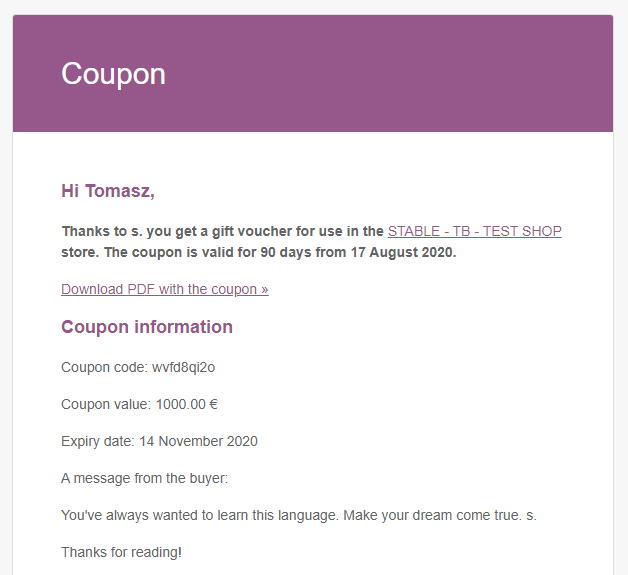 An email with PDF Gift Card