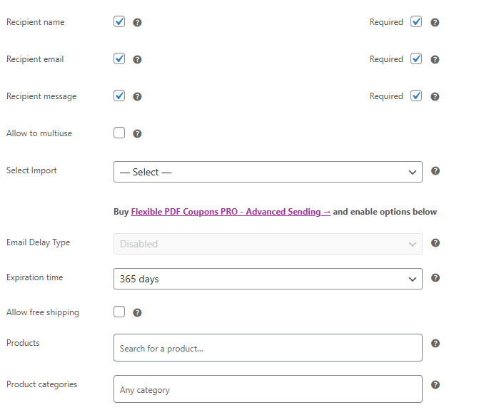 Coupon product settings