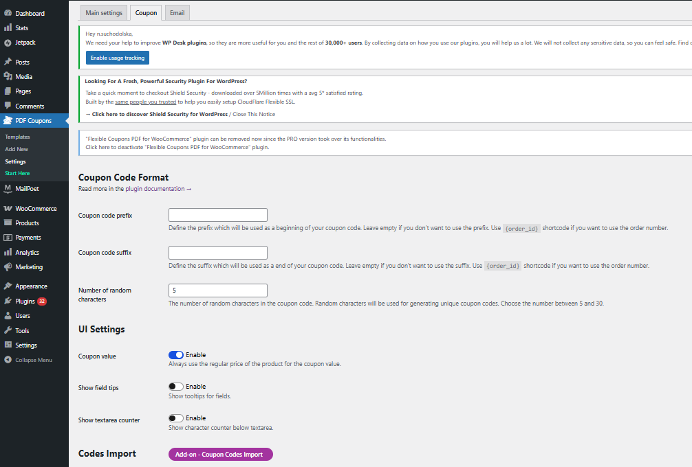 Screenshot of the coupon editor showing logically grouped settings, with buttons and toggles for common actions clearly visible.