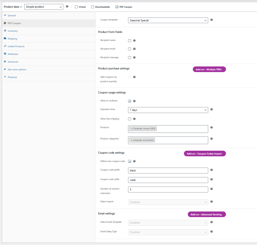Screenshot of the product edit page showing reorganized settings grouped into clear sections, with added and labeled buttons.