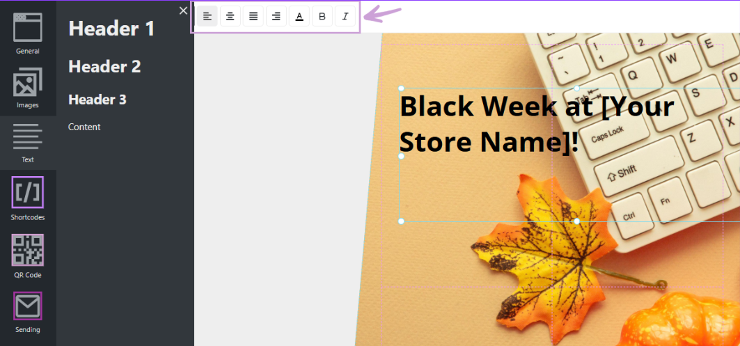 Edit and format text in WooCommerce Gift Card Plugin — change text color, bold, italic, and alignment options.