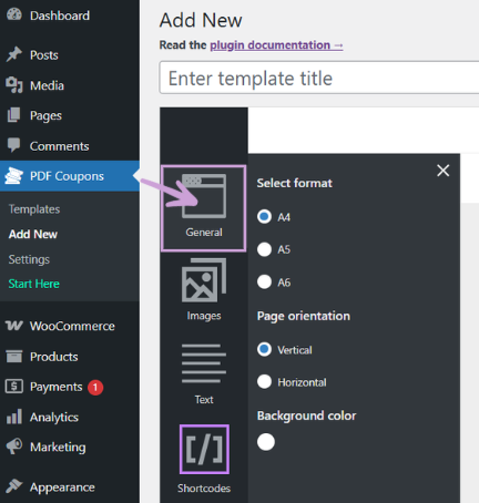 General Template Settings in Flexible PDF Coupons PRO - choose format, page orientation, and background color.