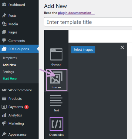 Upload an image for gift card template in WooCommerce Gift Card Plugin from computer or WordPress media library.