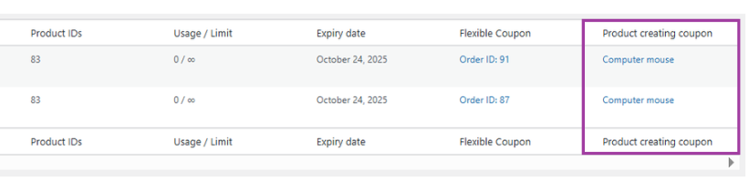 Screenshot of the Coupons list with the new “Product” column highlighted, showing the product through which each coupon was generated.