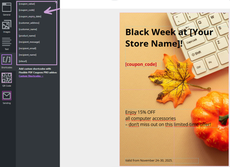 Select and use shortcodes in WooCommerce Gift Card Plugin PRO version.