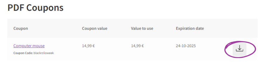 Screenshot showing the new “PDF Coupons” table on the order details page, with a highlighted button for downloading the PDF coupon.