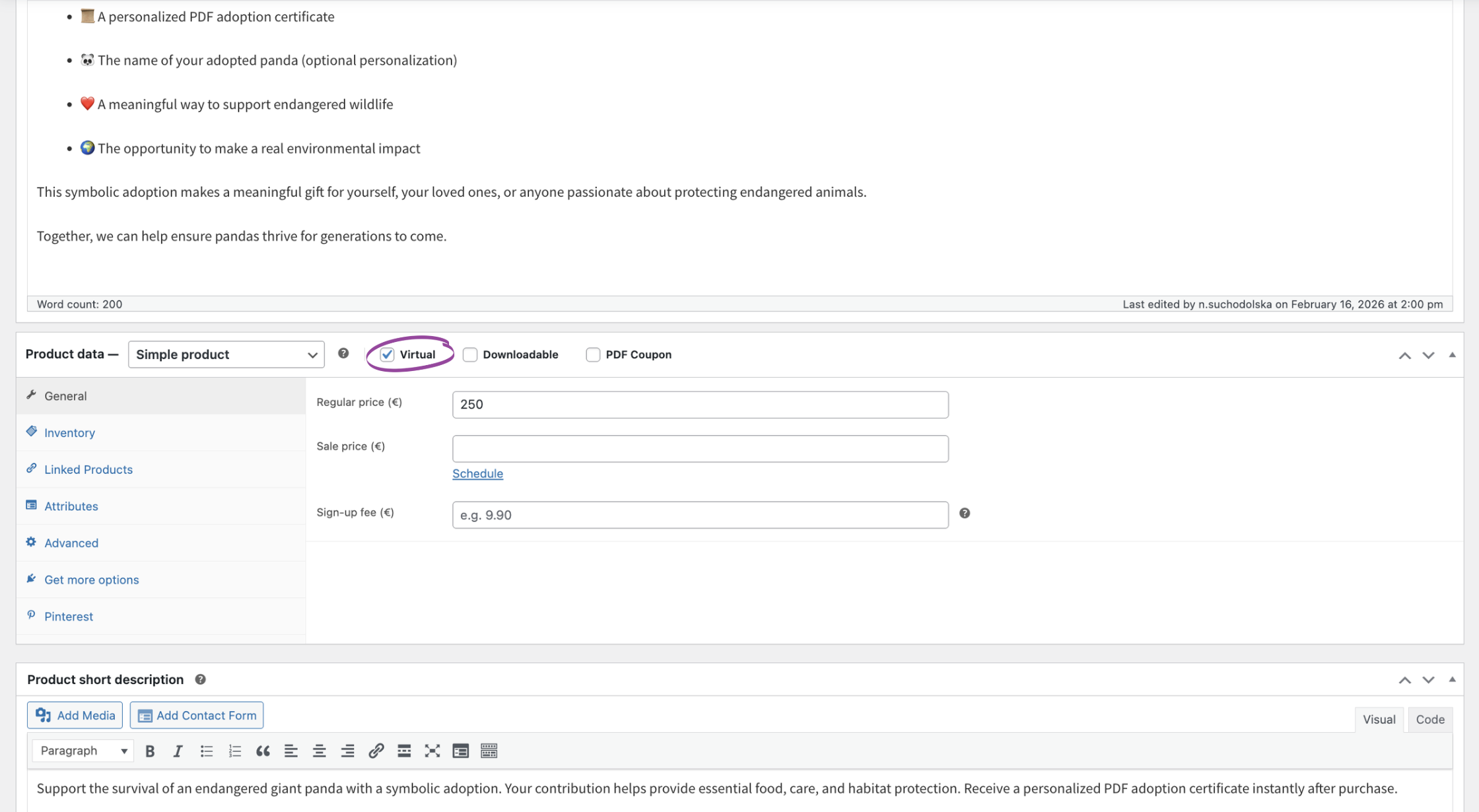 Selecting the virtual product option and entering the product price in the new product configuration panel