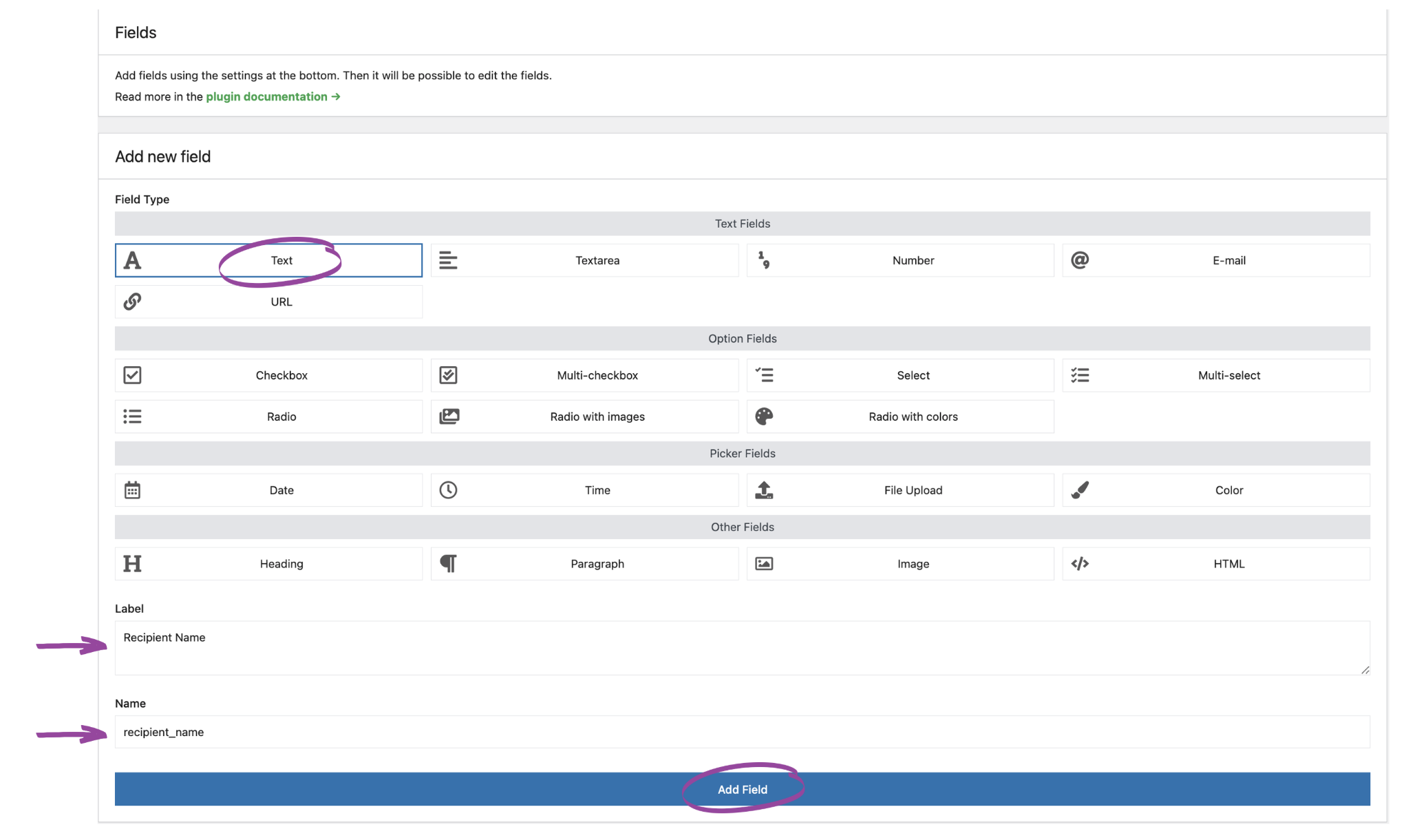 List of available field types in Flexible Product Fields PRO with label and name fields highlighted for configuration
