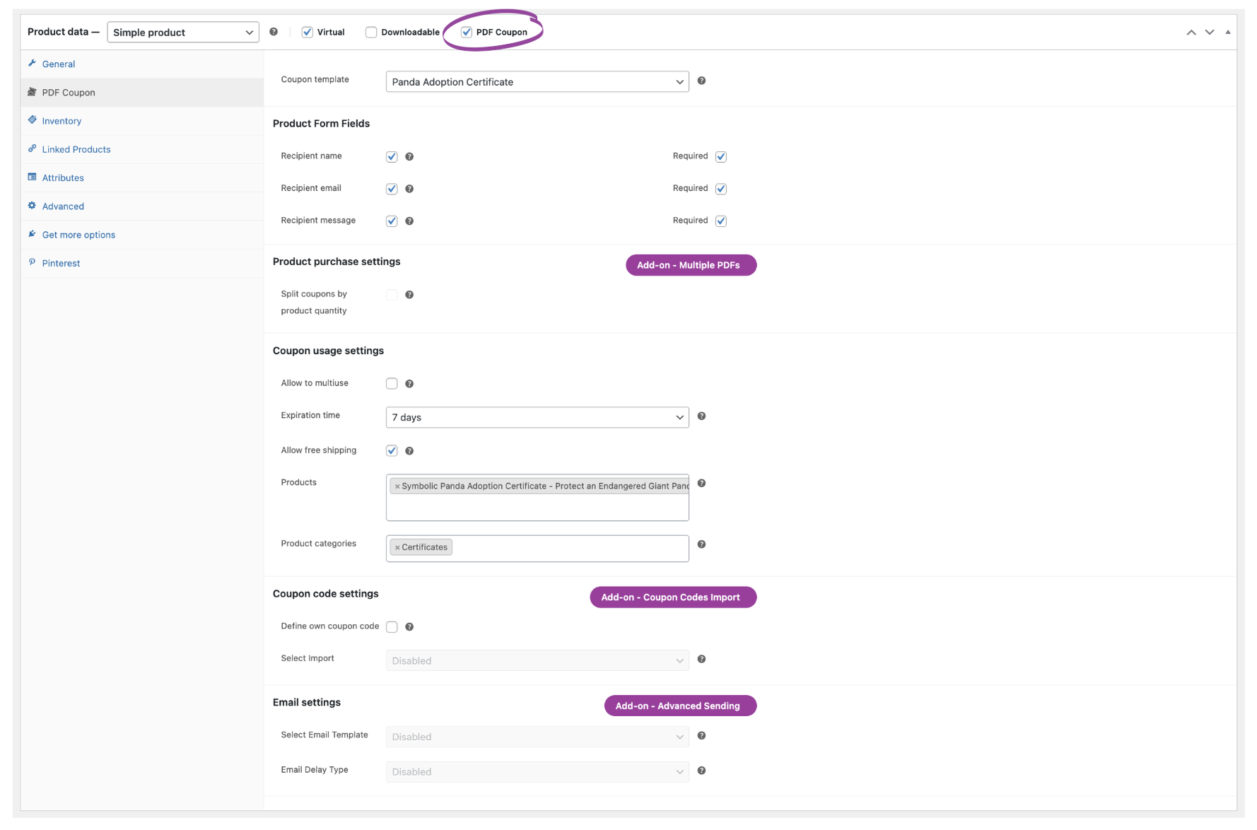 Selecting the PDF Coupon option for a product and entering the required details in the configuration panel