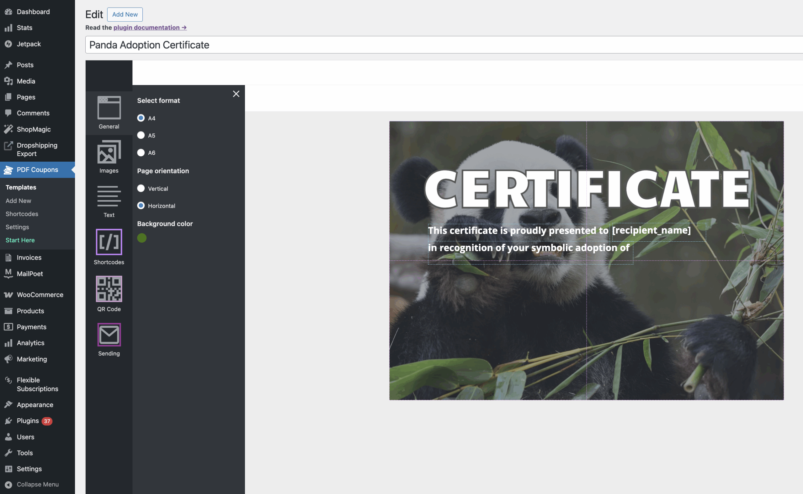 Creating a new PDF coupon template for a Panda Adoption certificate using Flexible PDF Coupons PRO