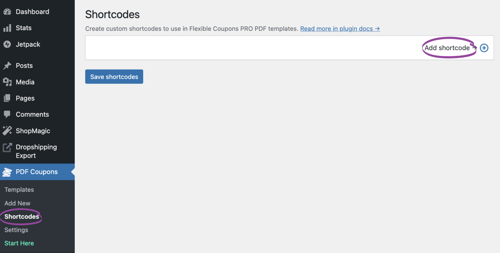 Navigating to the Custom Shortcodes section in Flexible PDF Coupons PRO and adding a new shortcode