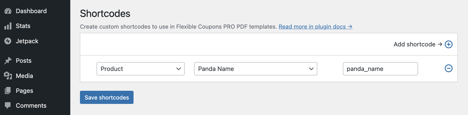 Creating a custom shortcode mapped to the Panda Name field in Flexible PDF Coupons PRO - Custom Shortcodes