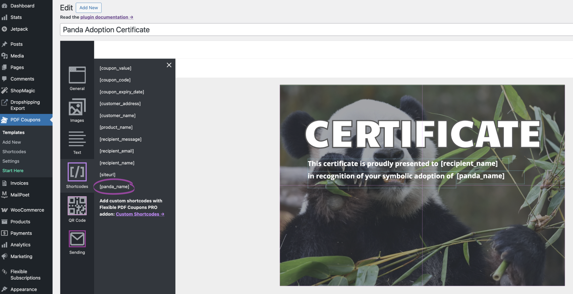 Adding the panda_name shortcode to the Panda Adoption certificate template in Flexible PDF Coupons PRO