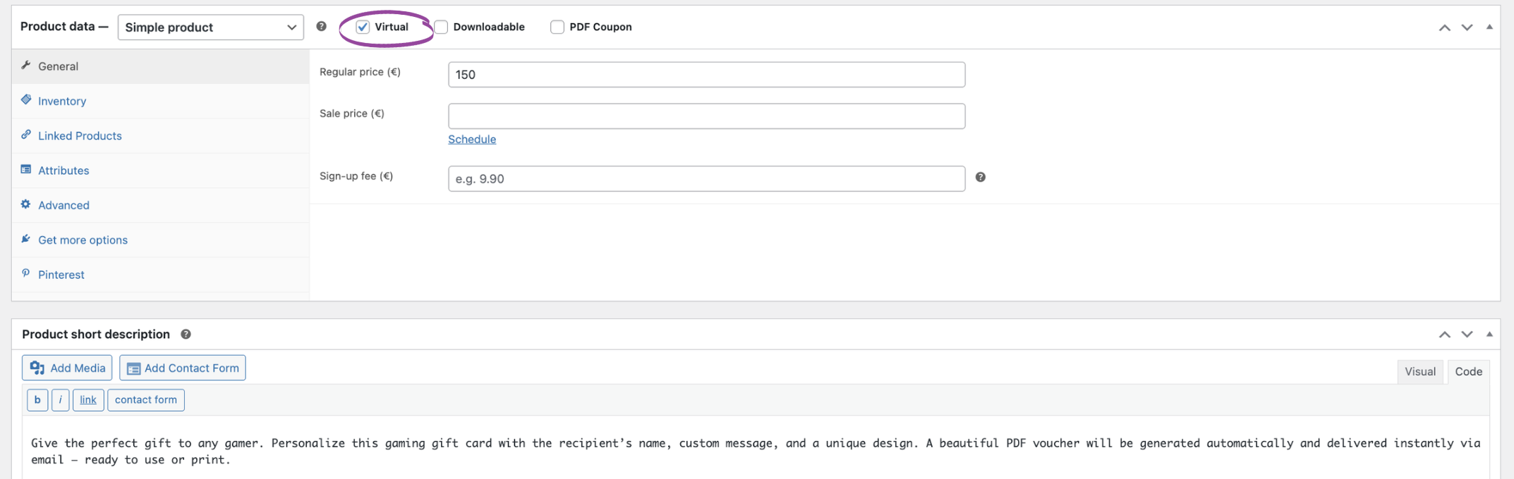WooCommerce product settings showing the Gaming Store Gift Card - Personalized PDF Voucher marked as a virtual product