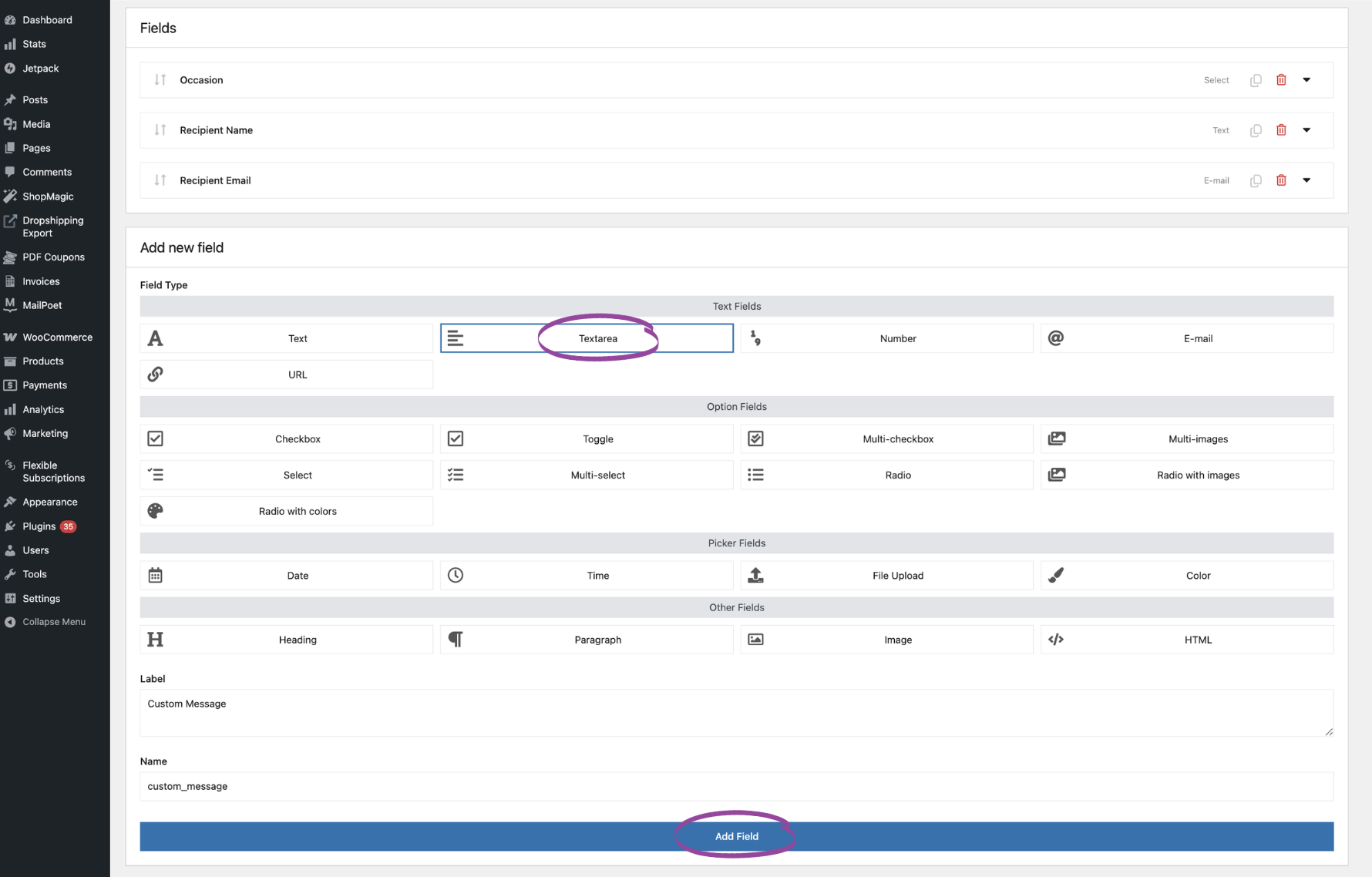 Flexible Product Fields PRO interface showing a textarea field named Custom Message added to the Gaming Store Gift Card product
