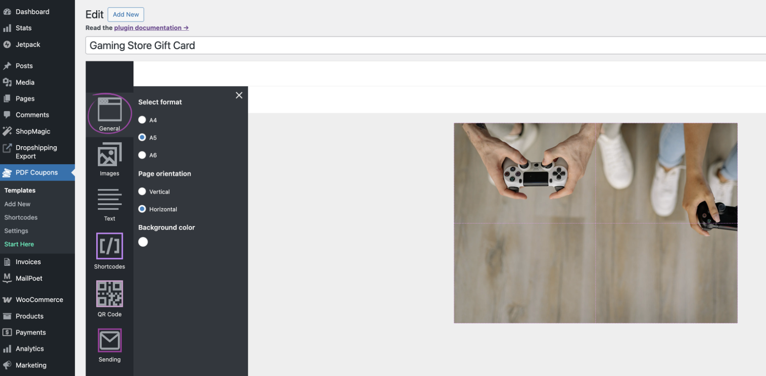 Flexible PDF Coupons PRO settings screen showing general gift card configuration options such as layout, size, and color