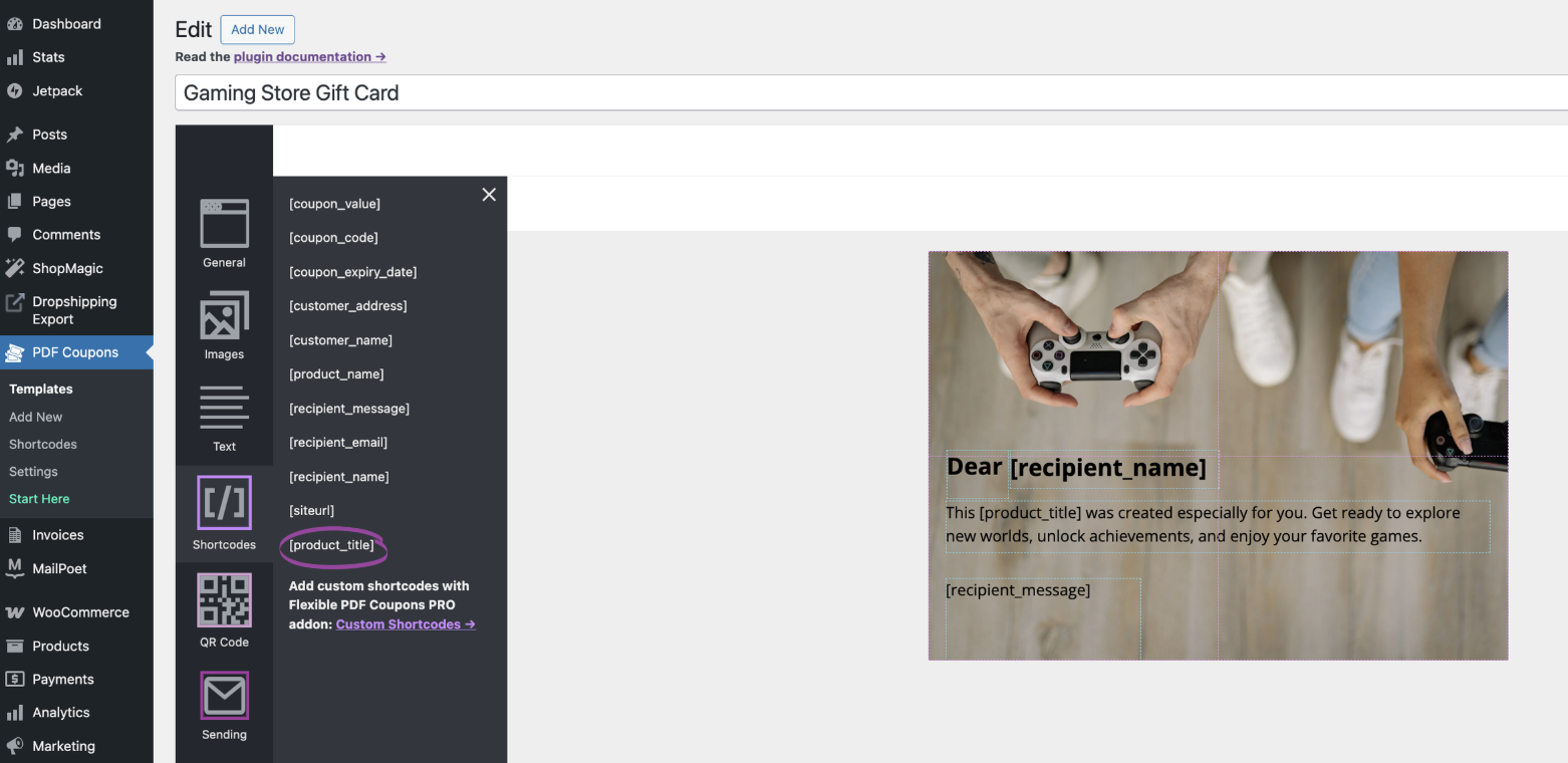 Flexible PDF Coupons PRO editor showing gift card template design with custom text and shortcodes for personalized PDF voucher generation