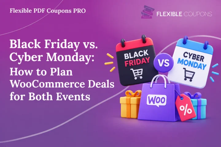 A polished wide-format marketing banner for an article about planning WooCommerce deals for Black Friday and Cyber Monday. The left side features a large white serif headline, while the right side shows colorful calendar cards labeled Black Friday and Cyber Monday, a WooCommerce shopping bag, gift boxes, discount tag, and a central “VS” badge. A purple-to-magenta gradient, curved translucent lines, soft 3D shading, and bright blue, red, yellow, and orange accents create a modern commercial style, with Flexible Coupons branding and Flexible PDF Coupons PRO displayed at the top.