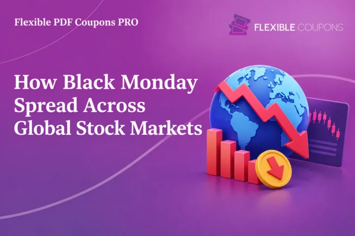A polished editorial marketing banner illustrating how Black Monday spread across global stock markets. The composition features a large white serif headline on the left, while the right side shows a stylized blue globe, red descending arrow, falling bar chart, market screen, and yellow decline coin. A purple-to-magenta gradient, subtle curved lines, smooth 3D commercial illustration, and the Flexible Coupons logo with Flexible PDF Coupons PRO branding create a high-contrast design suitable for a finance article header, blog feature image, or promotional campaign.