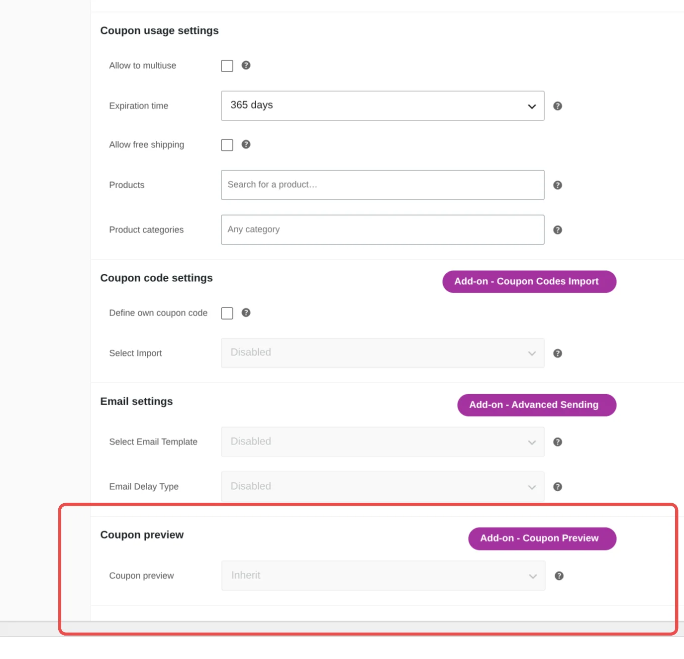 Coupon preview selection in the PDF coupon product settings, showing Inherit