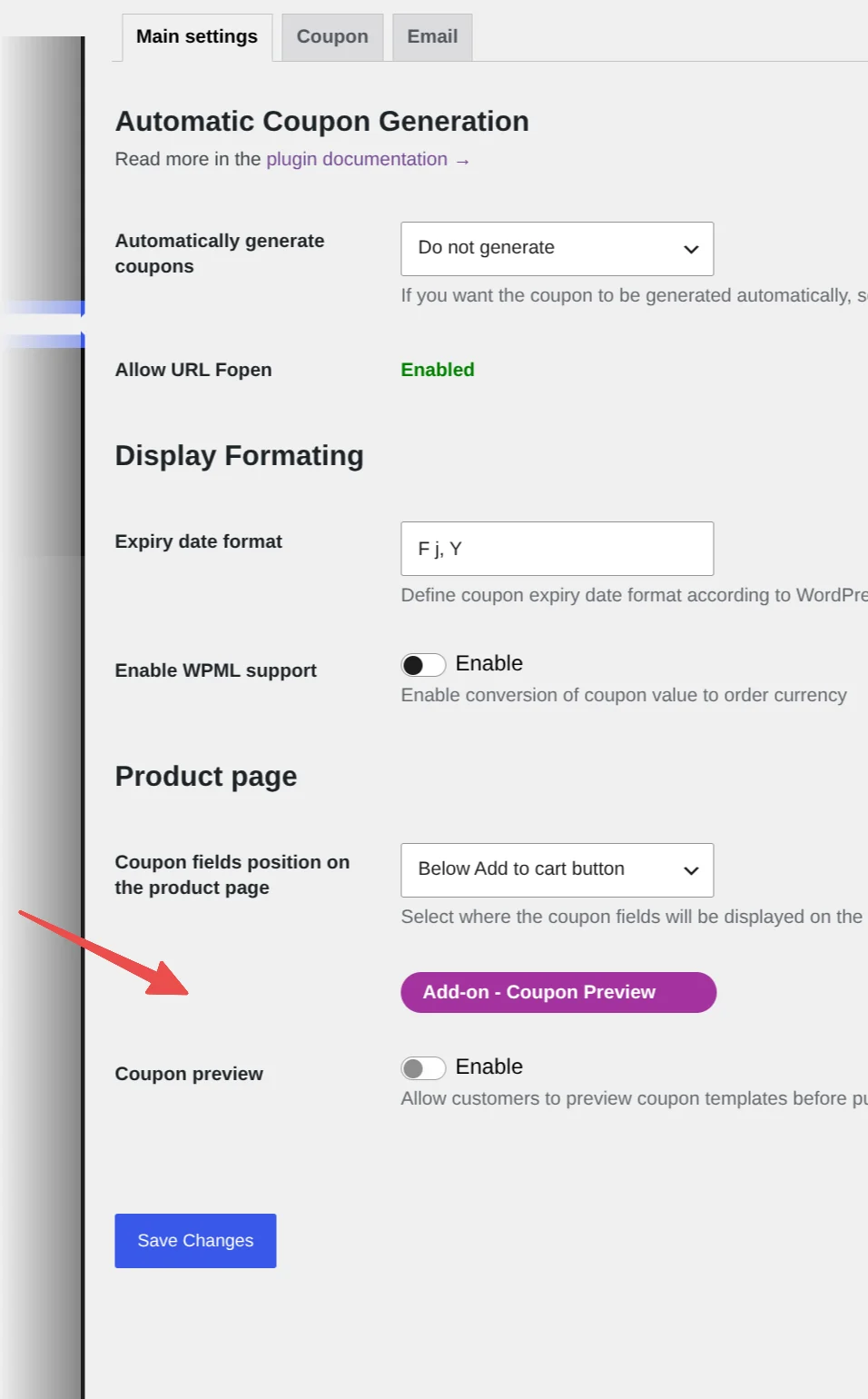 Coupon preview toggle in the Product page section of the Main settings tab
