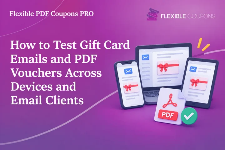 A polished product marketing banner for Flexible PDF Coupons PRO, illustrating how to test gift card emails and PDF vouchers across devices and email clients. The composition uses a rich purple-to-magenta gradient, oversized white serif headline, subtle curved accents, Flexible Coupons branding, and a compact hero illustration of a laptop, smartphone, tablet, email interfaces, gift cards, a PDF document, and a verification checkmark. The graphic is suitable for an article header, plugin promotion, email marketing content, or website campaign.