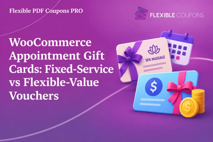 A polished digital marketing banner for an article about WooCommerce appointment gift cards, comparing fixed-service and flexible-value vouchers. The composition features a bold white serif headline on the left, Flexible Coupons branding and Flexible PDF Coupons PRO text at the top, and a clean commercial illustration on the right with spa gift cards, a calendar, a dollar-value voucher, a pink ribbon, and gold coins. A rich purple-to-magenta gradient, curved translucent lines, saturated blue and coral accents, soft shadows, and smooth 3D styling create a modern promotional graphic suitable for ecommerce content, blog headers, and product marketing.