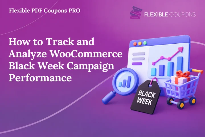 A polished product marketing banner for the article “How to Track and Analyze WooCommerce Black Week Campaign Performance,” featuring the Flexible Coupons logo and Flexible PDF Coupons PRO branding. The wide composition uses a rich purple-to-magenta gradient, sweeping translucent curves, bold white serif typography on the left, and a clean 3D-style illustration on the right with analytics charts, a magnifying glass, a shopping cart, a gift box, and a Black Week tag. Bright blue, cyan, pink, orange, and yellow accents create strong contrast, making the graphic suitable for an e-commerce blog header, campaign guide, or promotional content.