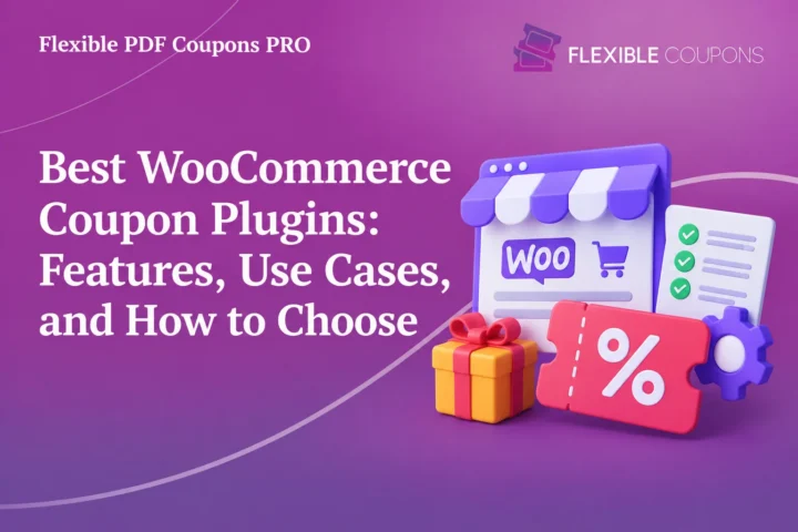 A polished digital marketing banner for an article about the best WooCommerce coupon plugins, featuring the headline “Best WooCommerce Coupon Plugins: Features, Use Cases, and How to Choose.” The design uses a rich purple-to-magenta gradient, elegant white serif typography, curved decorative lines, Flexible Coupons branding, and the “Flexible PDF Coupons PRO” label. On the right, a colorful commercial illustration shows a WooCommerce storefront interface, checklist card, discount coupon, gift box, shopping cart, and settings gear, making it suitable for blog headers, plugin marketing, and ecommerce content.