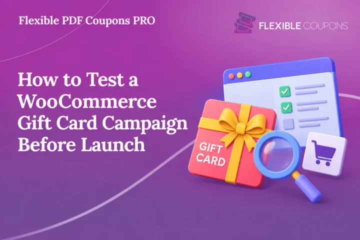 A polished digital marketing banner for an article about testing a WooCommerce gift card campaign before launch. The composition features a bold white serif headline on the left, Flexible PDF Coupons PRO branding and the Flexible Coupons logo at the top, and a clean commercial illustration on the right with a gift card, browser checklist, magnifying glass, and shopping cart. A purple-to-magenta gradient, translucent curved lines, saturated blue, yellow, coral, and green accents, soft shadows, and smooth rounded forms create a modern editorial style suitable for a blog header, product marketing campaign, or promotional website graphic.