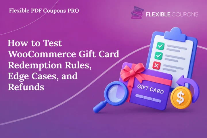 A polished digital marketing banner for the article “How to Test WooCommerce Gift Card Redemption Rules, Edge Cases, and Refunds,” featuring Flexible PDF Coupons PRO and the Flexible Coupons logo. The composition uses a purple-to-magenta gradient, thin curved decorative lines, bold white serif typography on the left, and a colorful commercial illustration on the right with a gift card, checklist, magnifying glass, refund arrow, and dollar coin. The clean 3D-inspired style, vivid blue, pink, red, yellow, and violet accents, and strong asymmetrical layout make it suitable for a WooCommerce blog header, product promotion, or educational marketing campaign.